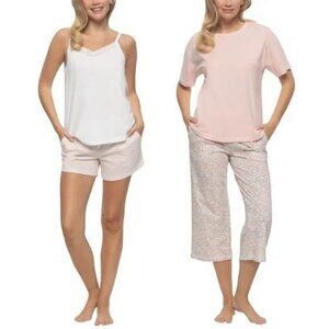 Felina Women's 4-piece Pajama Sleep Lounge Set 100% Cotton (White/Pink, Small)